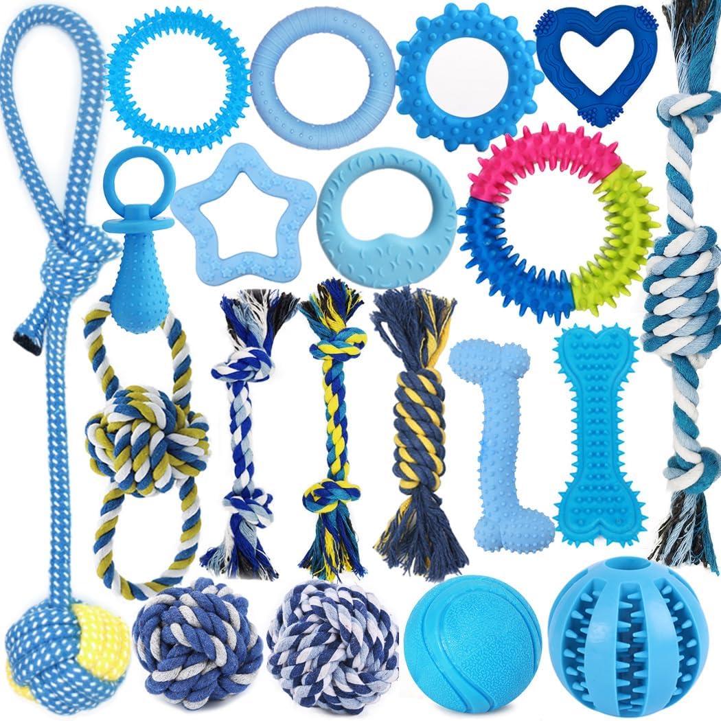20 Pack Puppy Chew Toys - Dog Teething Toys for Puppies, New Puppy Toys Teething Rings and Durable Ropes, Blue Rubber Toy Bundle for Small Dogs, Cute Interactive Dog Balls for Small Breed