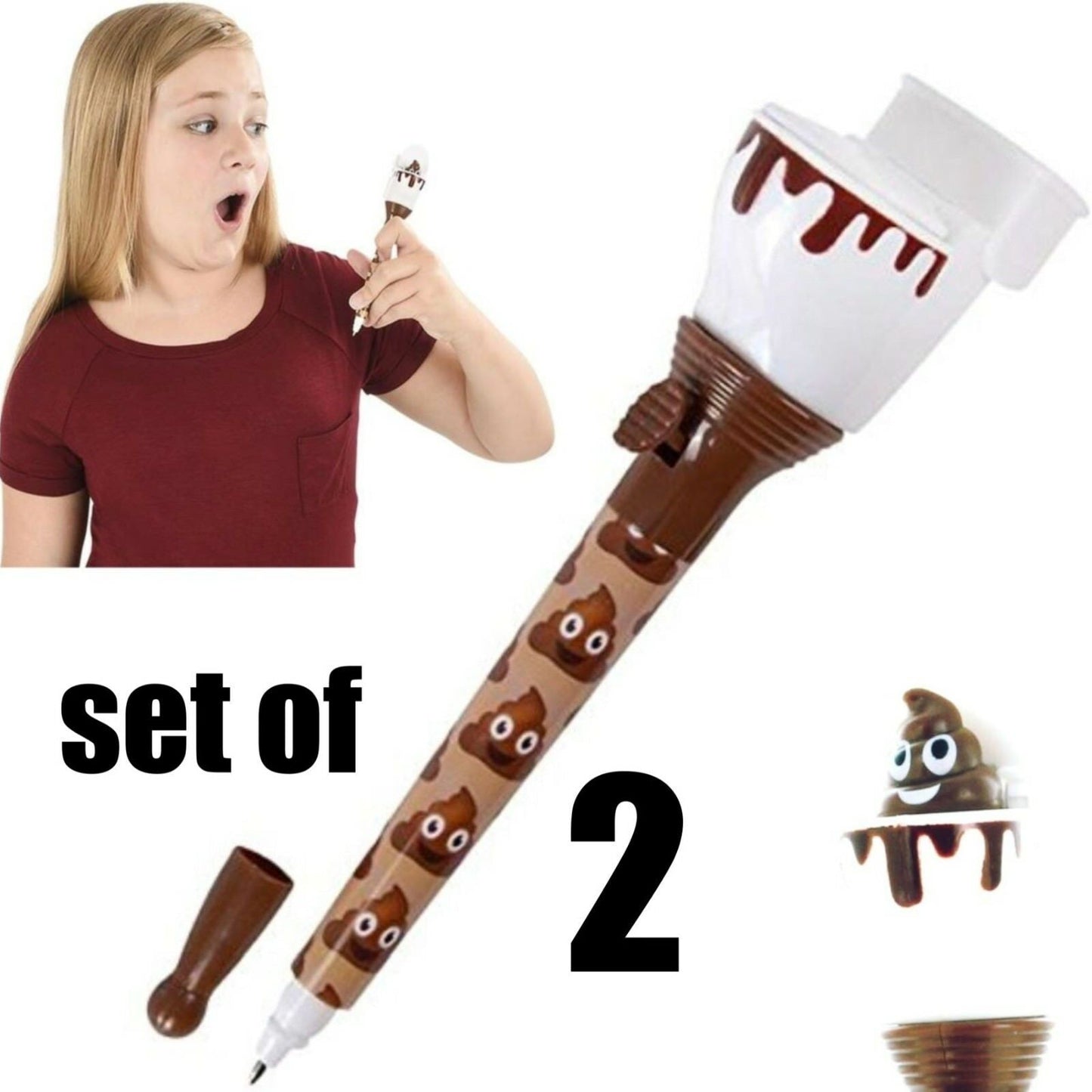 (2) POOP PENS - Pop Up Emoji Toilet Bowl - Funny Crap Turd Novelty Gag Trick Toy