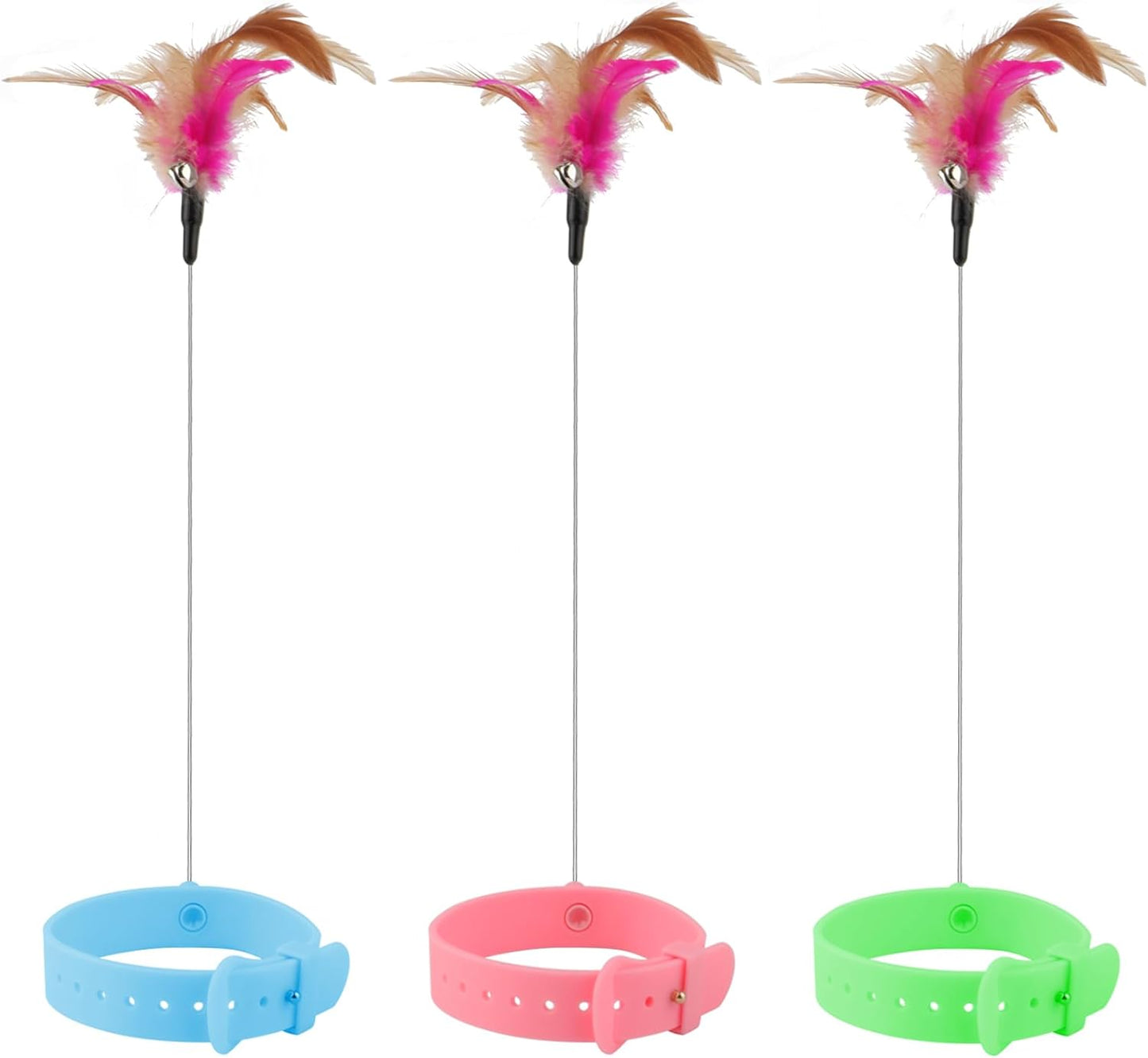 Cat Collar Toy, 3 Pcs Cat Feather Toy with Neck Collar, Interactive Self Playing Toys with Bell for Indoor Kittens Small Animals(Pink/Blue/Green)
