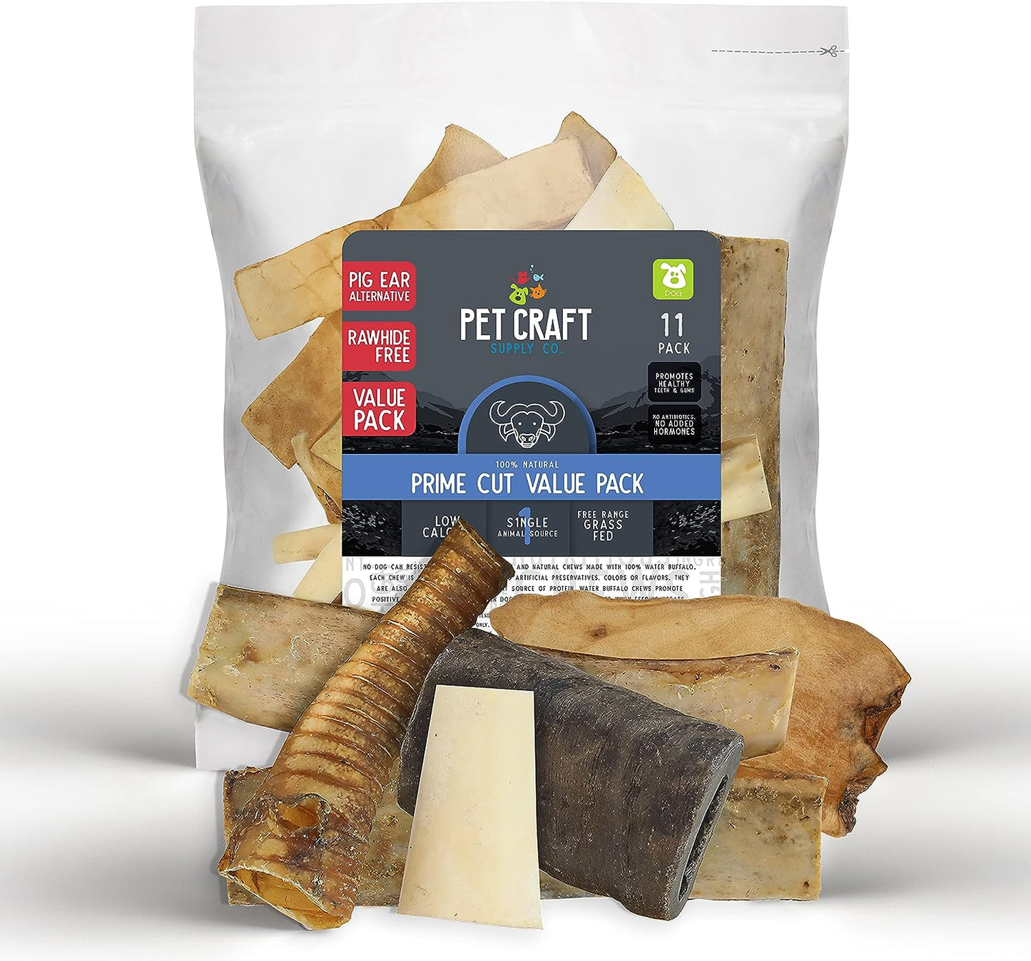Pet Craft Supply Pure Natural Grass Fed Grain Free Water Buffalo Variety Pack of 11 Durable Tough Dog Chew for Aggressive Chewers and Puppies, Black