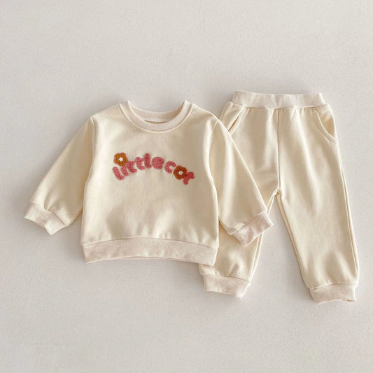 beige / 9M Letter Print Hoodie Suit O-Neck